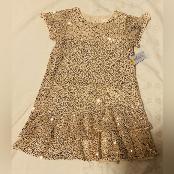 Girls Short Sleeve Sequin Dress-Gold L(10/12) - Picture 2 of 4